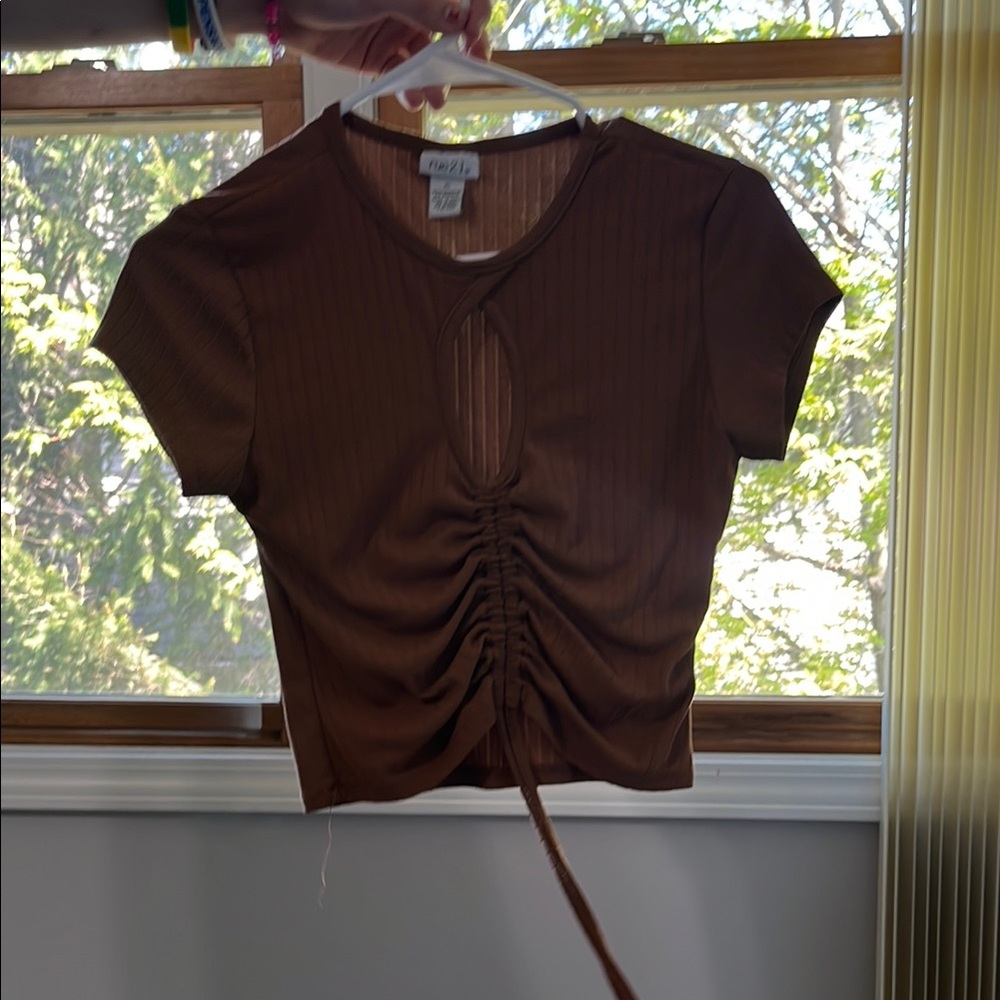 SHEIN Brown Ruched Crop Blouse with Tie Front